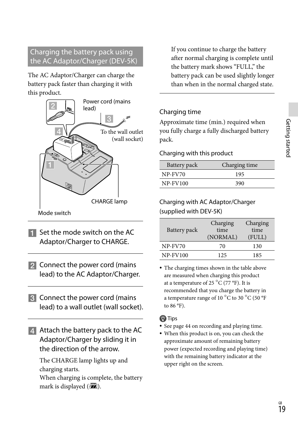 Charging the battery pack using the, Ac adaptor/charger (dev-5k) | Sony DEV-3 User Manual | Page 19 / 271