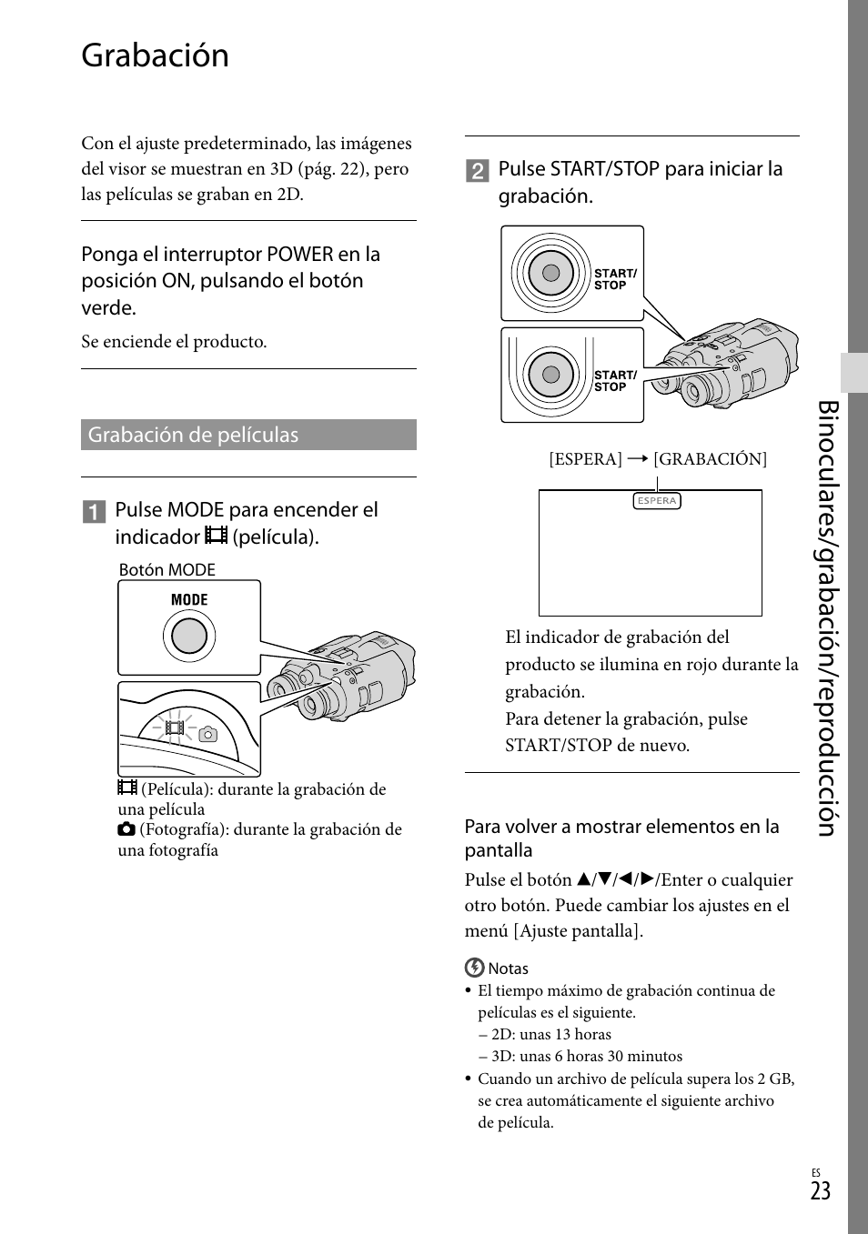 Grabación, Grabación de películas, 23) y e | Binocular es/g rabación/r epr oduc ción | Sony DEV-3 User Manual | Page 191 / 271