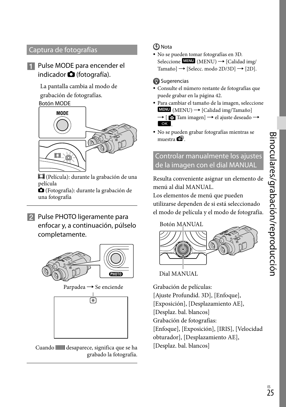 Captura de fotografías, De la imagen con el dial manual, Binocular es/g rabación/r epr oduc ción | Sony DEV-3 User Manual | Page 193 / 271