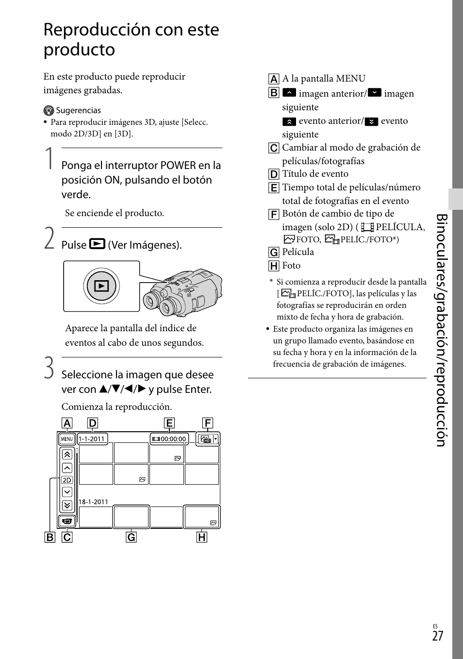 Reproducción con este producto, Binocular es/g rabación/r epr oduc ción | Sony DEV-3 User Manual | Page 195 / 271