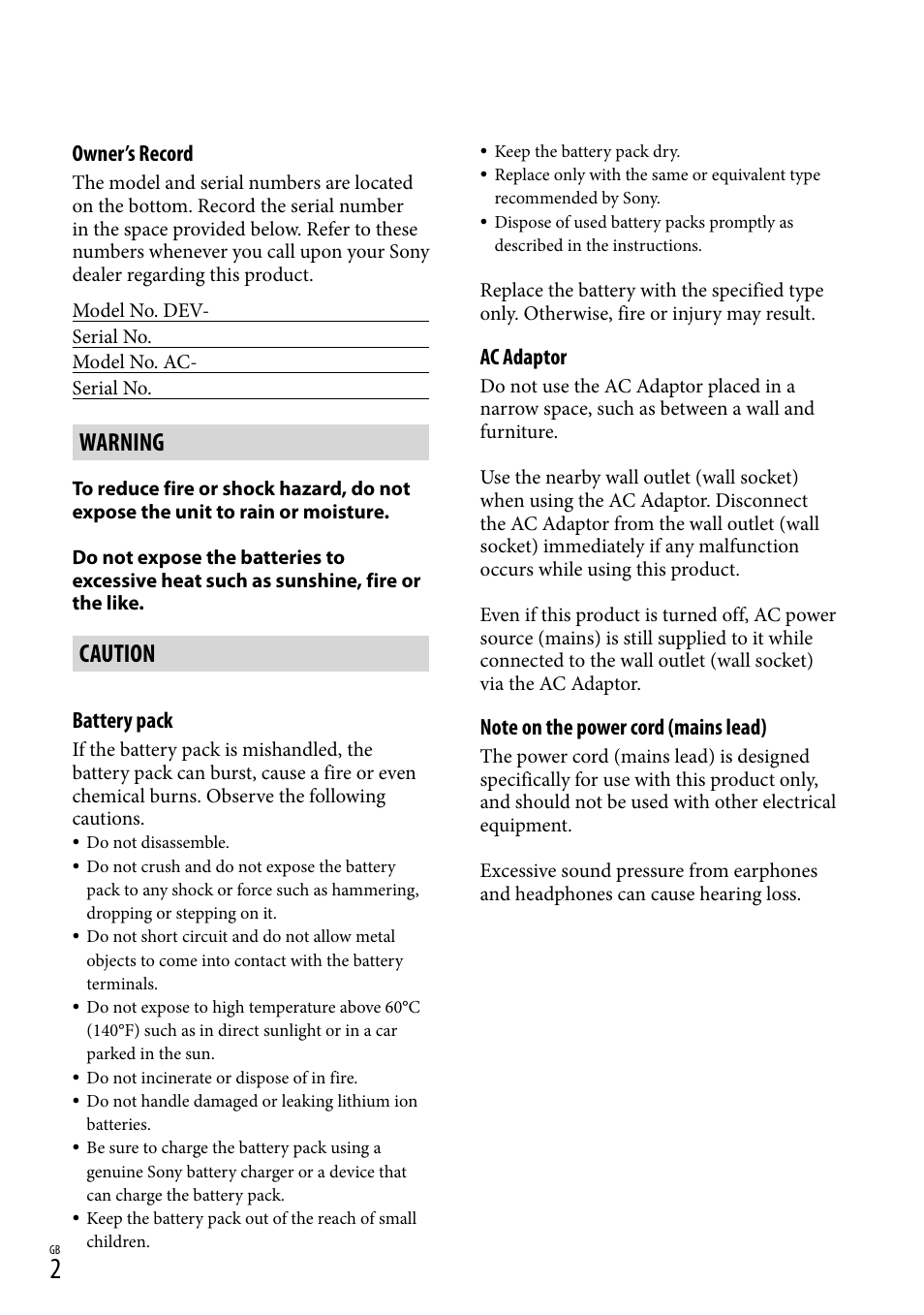 Warning, Caution, Owner’s record | Battery pack, Ac adaptor | Sony DEV-3 User Manual | Page 2 / 271