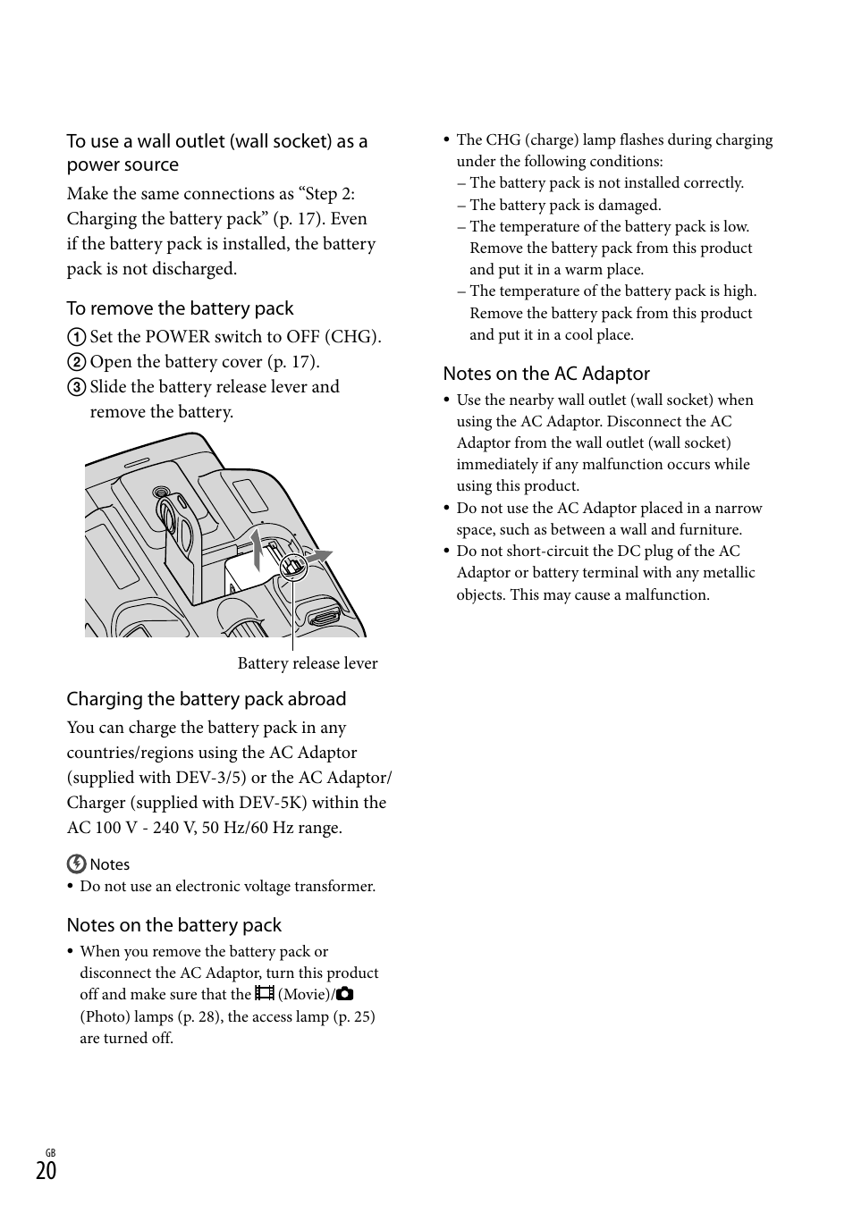 Charging the battery pack abroad | Sony DEV-3 User Manual | Page 20 / 271