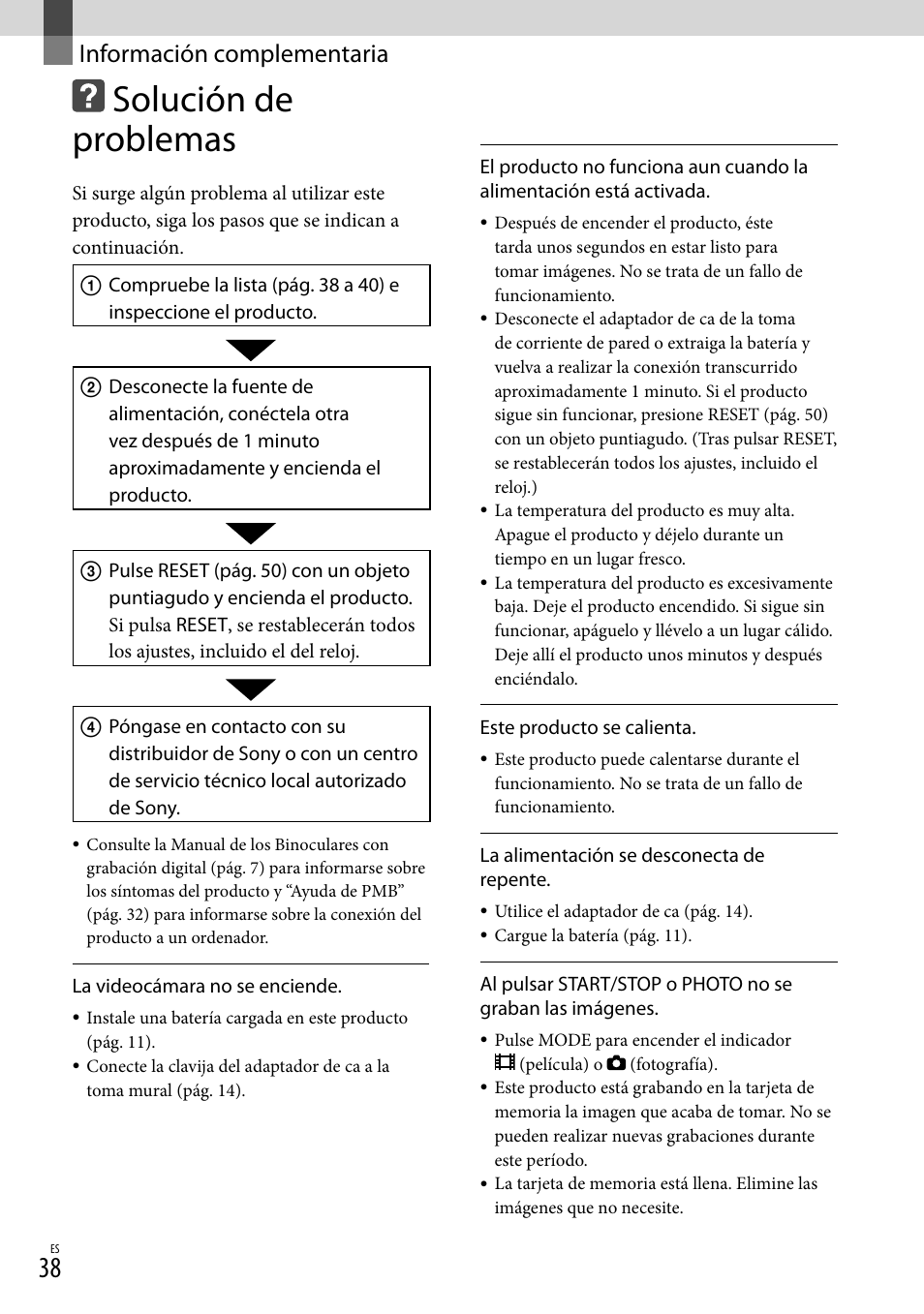 Información complementaria, Solución de problemas, Información | Complementaria | Sony DEV-3 User Manual | Page 206 / 271