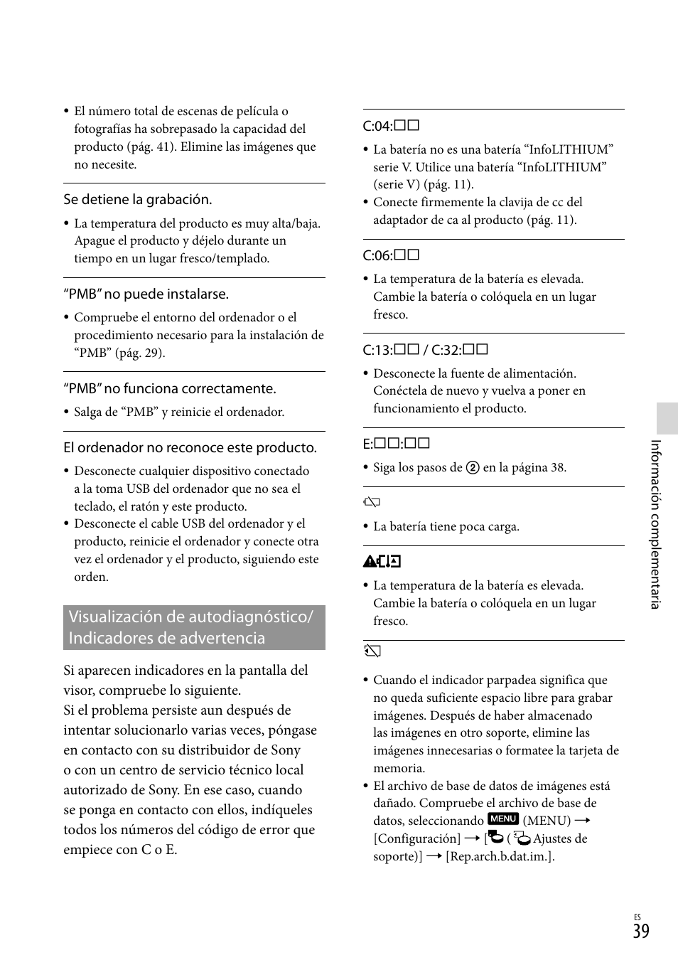 Visualización de autodiagnóstico, Indicadores de advertencia | Sony DEV-3 User Manual | Page 207 / 271