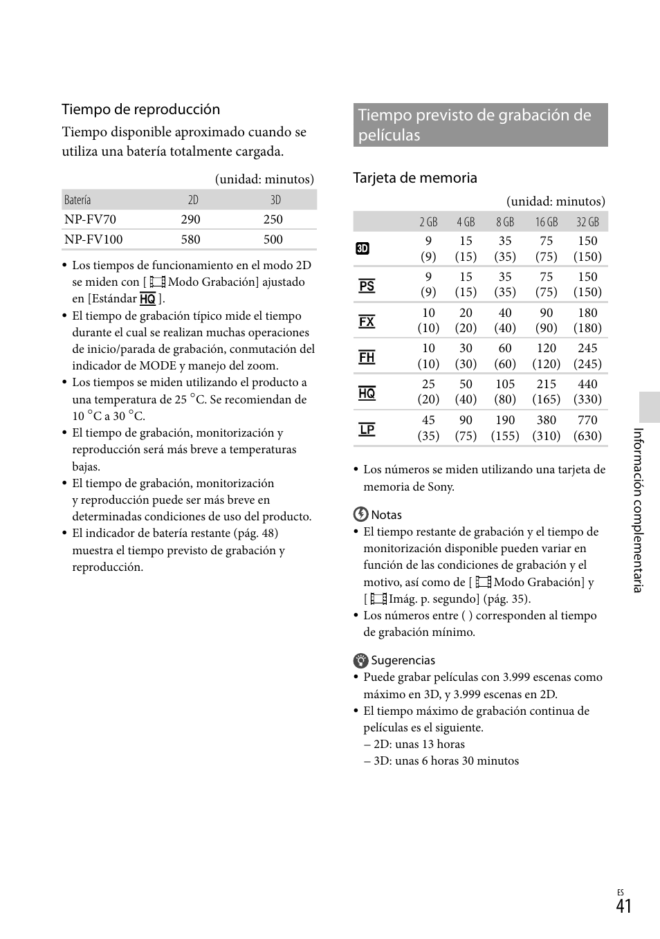 Tiempo previsto de grabación de películas, Tiempo previsto de grabación de, Películas | 41). e, Tiempo de reproducción | Sony DEV-3 User Manual | Page 209 / 271