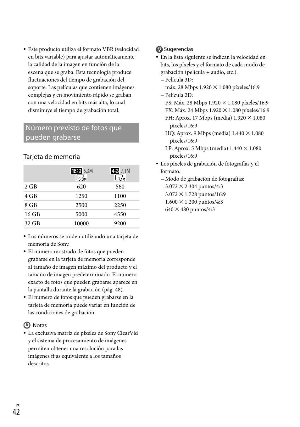 Número previsto de fotos que pueden grabarse, Número previsto de fotos que, Pueden grabarse | Sony DEV-3 User Manual | Page 210 / 271