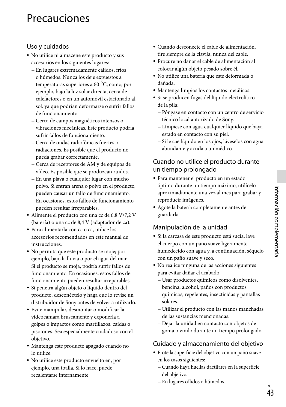 Precauciones, Uso y cuidados, Manipulación de la unidad | Cuidado y almacenamiento del objetivo | Sony DEV-3 User Manual | Page 211 / 271