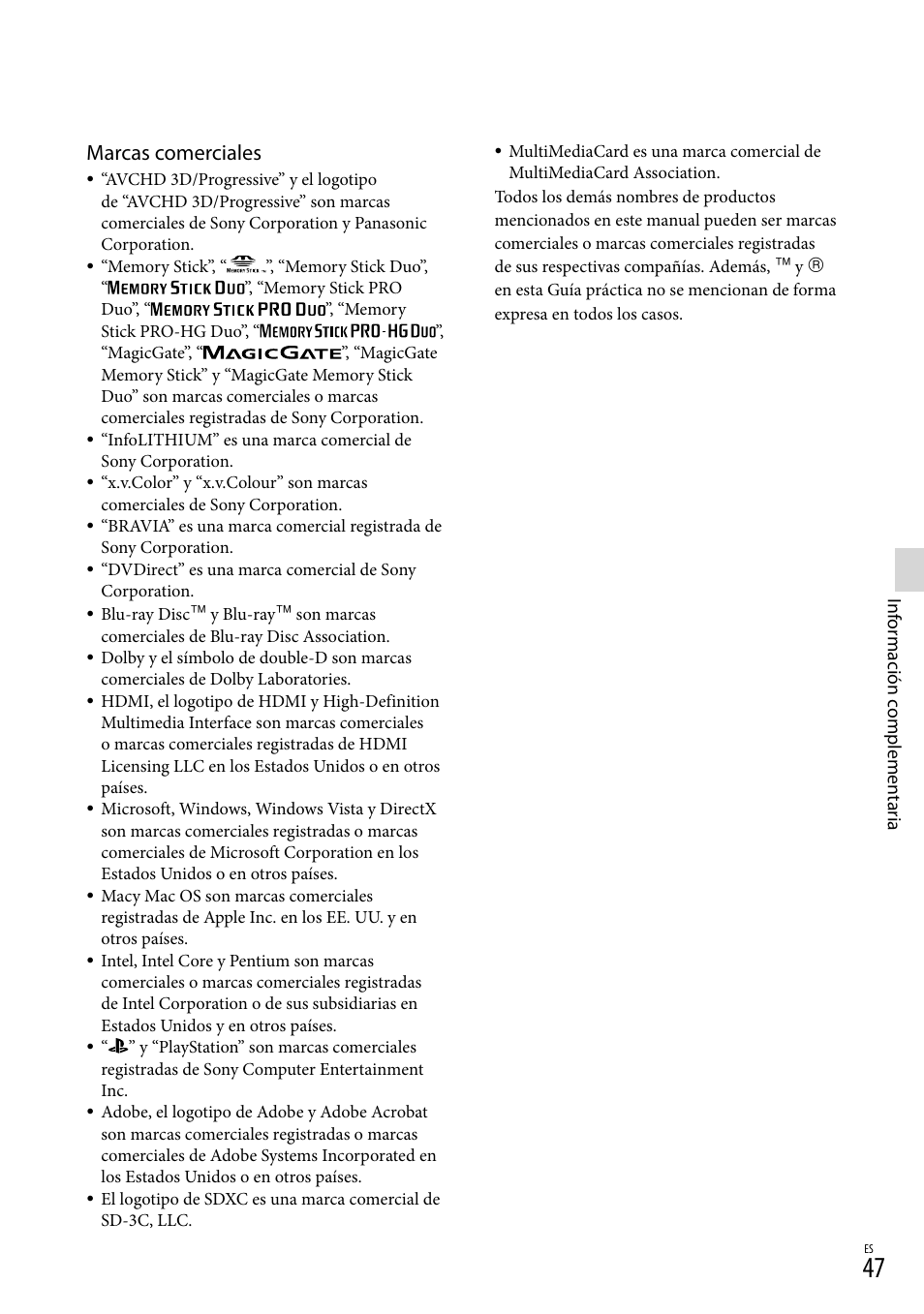 Marcas comerciales | Sony DEV-3 User Manual | Page 215 / 271