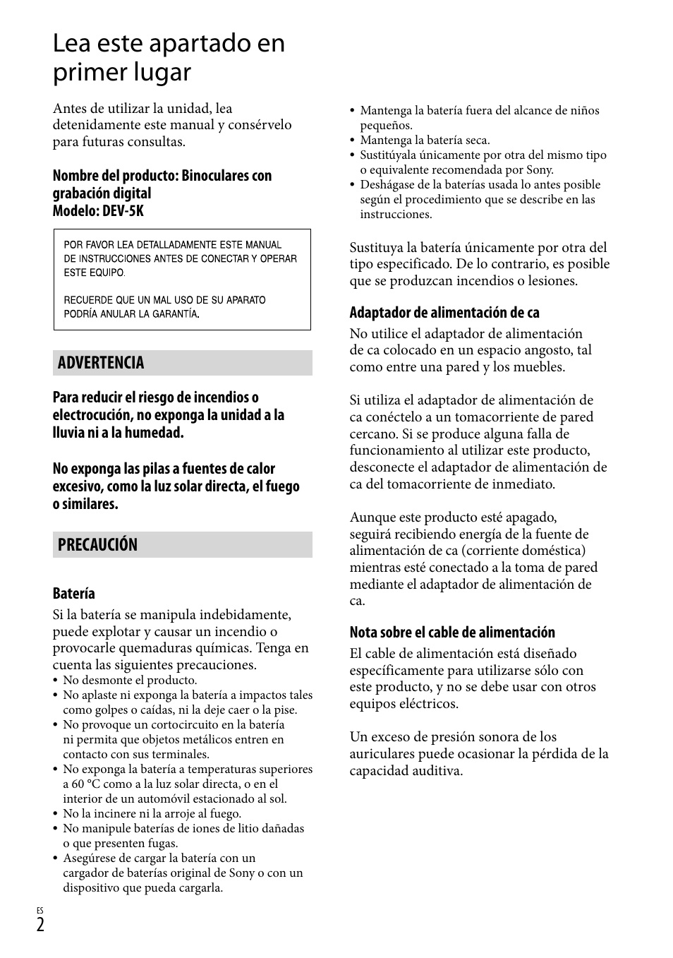 Esus, Lea este apartado en primer lugar, Advertencia | Precaución | Sony DEV-3 User Manual | Page 222 / 271