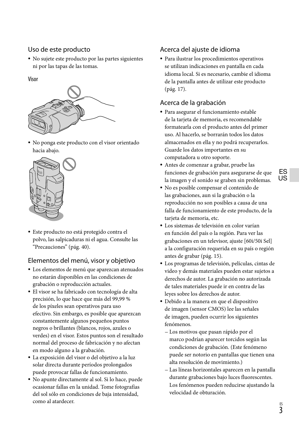 Uso de este producto, Elementos del menú, visor y objetivo, Acerca del ajuste de idioma | Acerca de la grabación, Visor, Es us | Sony DEV-3 User Manual | Page 223 / 271