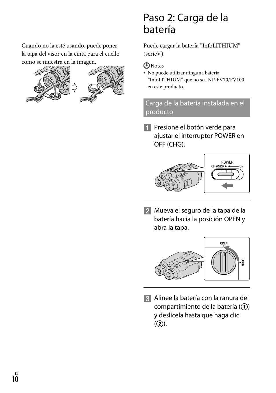 Paso 2: carga de la batería, Carga de la batería instalada en el producto, Carga de la batería instalada en el | Producto | Sony DEV-3 User Manual | Page 230 / 271