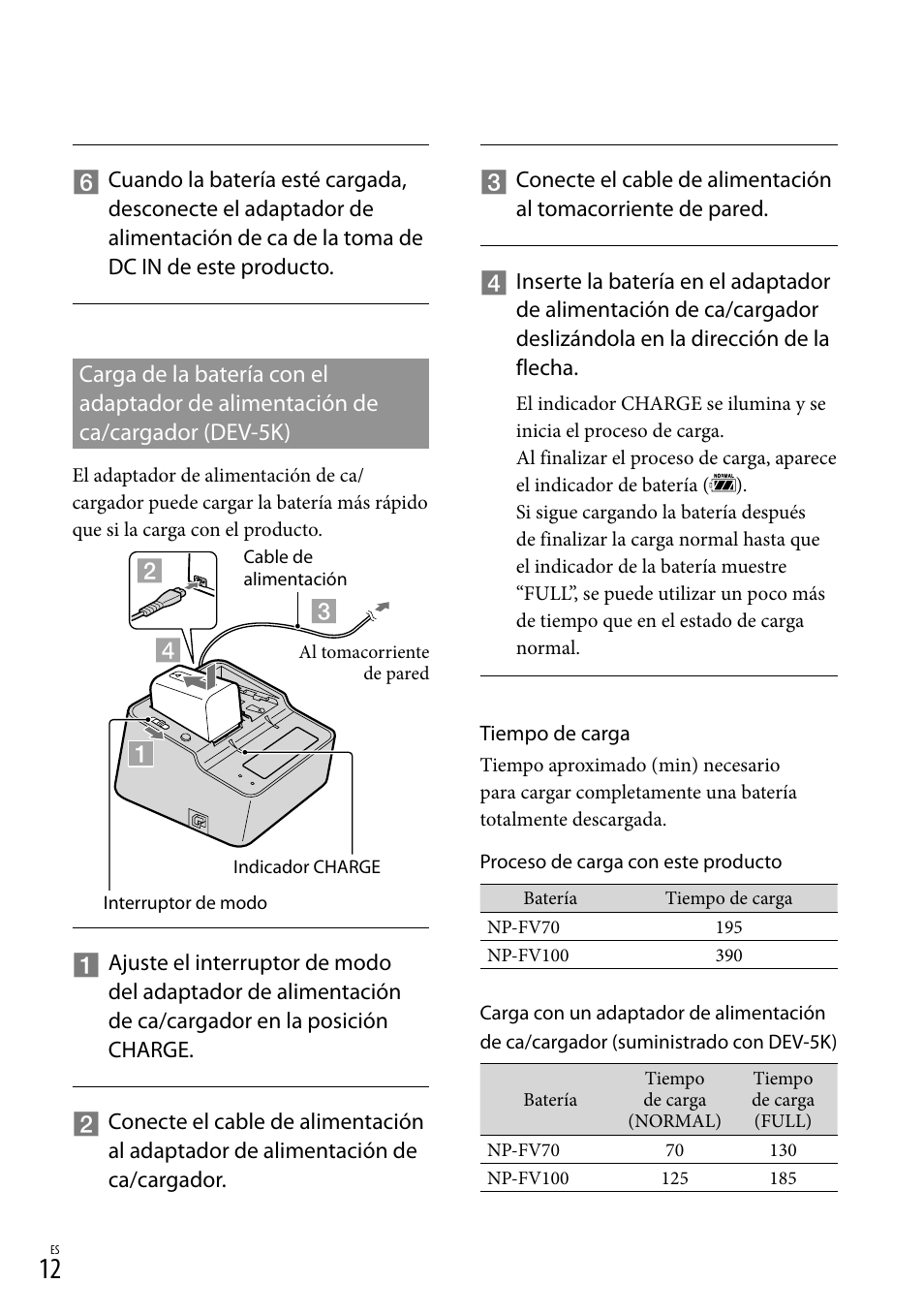 Carga de la batería con el, Adaptador de alimentación de ca, Cargador (dev-5k) | Sony DEV-3 User Manual | Page 232 / 271