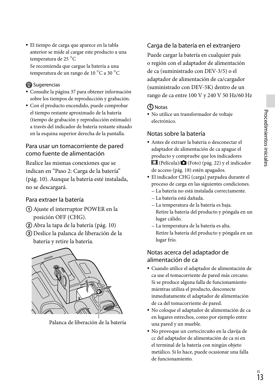 Carga de la batería en el extranjero, Notas sobre la batería, Notas acerca del adaptador de alimentación de ca | Para extraer la batería | Sony DEV-3 User Manual | Page 233 / 271