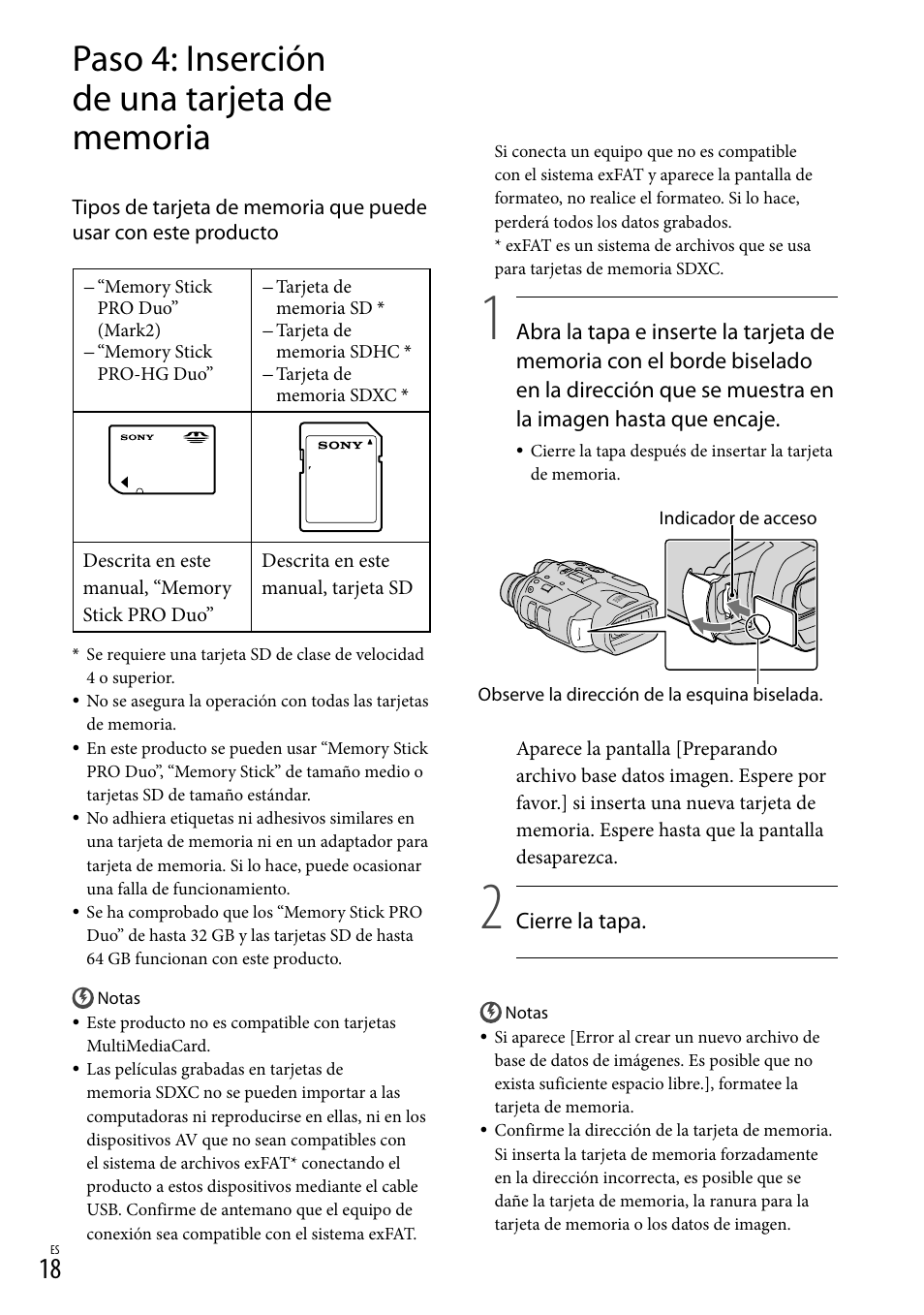 Paso 4: inserción de una tarjeta de memoria, Paso 4: inserción de una tarjeta de, Memoria | 18) es | Sony DEV-3 User Manual | Page 238 / 271