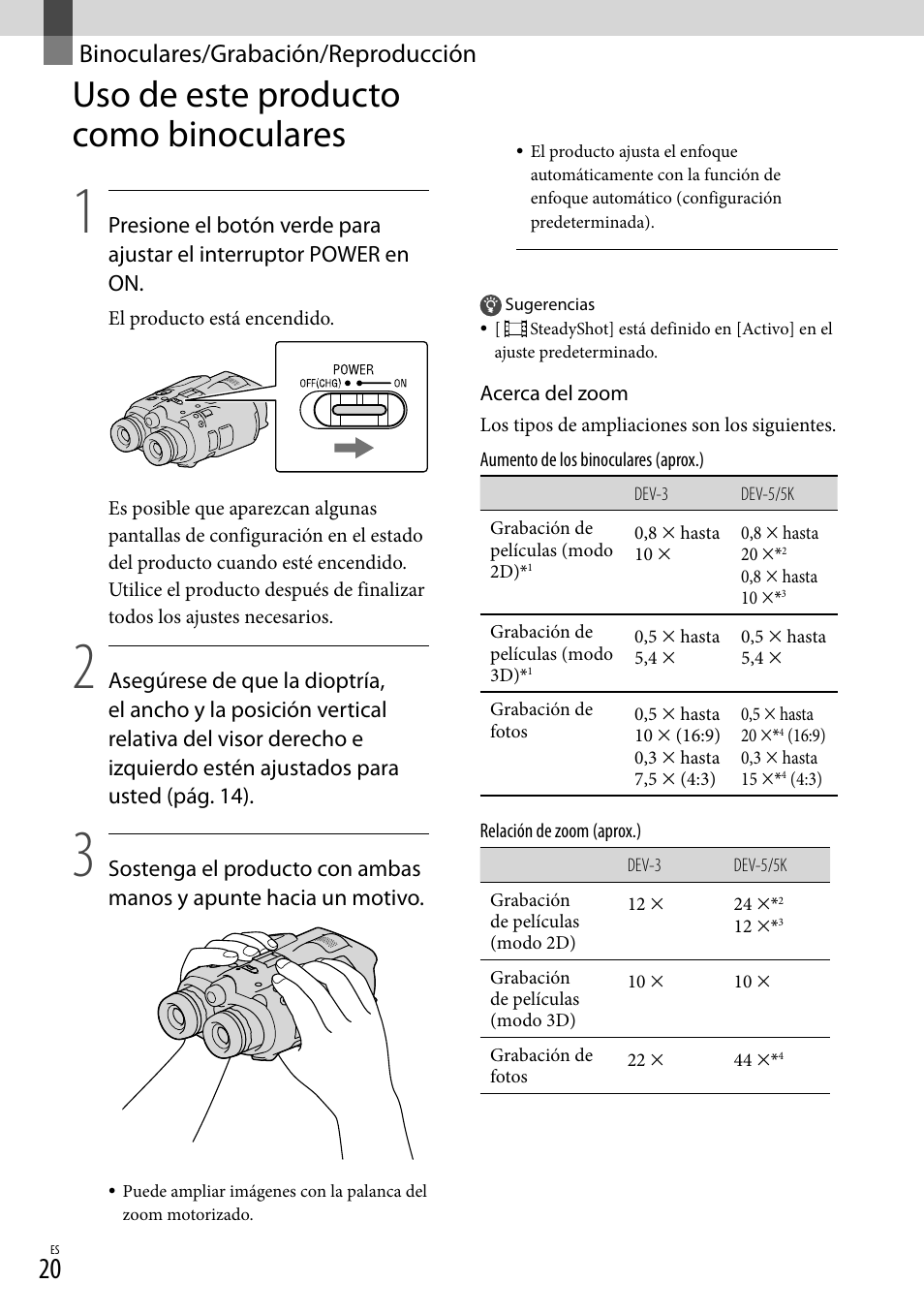 Binoculares/grabación/reproducción, Uso de este producto como binoculares, Binoculares/grabación | Reproducción, Uso de este producto como, Binoculares | Sony DEV-3 User Manual | Page 240 / 271