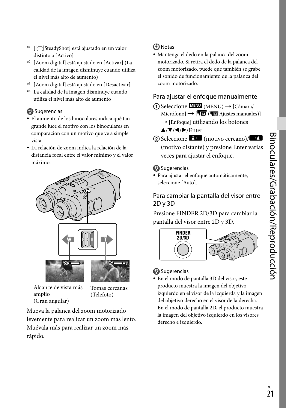 Binocular es/gr abación/r epr oduc ción | Sony DEV-3 User Manual | Page 241 / 271