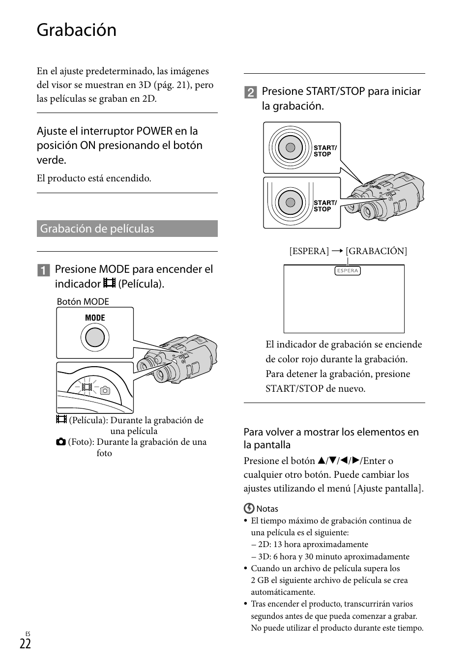 Grabación, Grabación de películas, 22) y e | Sony DEV-3 User Manual | Page 242 / 271