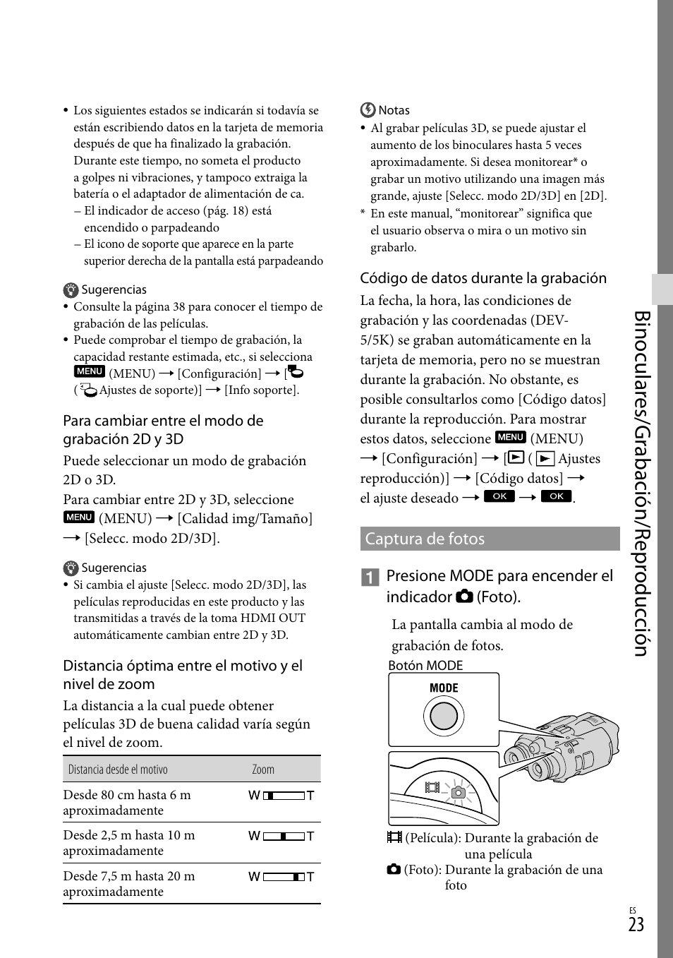 Captura de fotos, Binocular es/gr abación/r epr oduc ción | Sony DEV-3 User Manual | Page 243 / 271