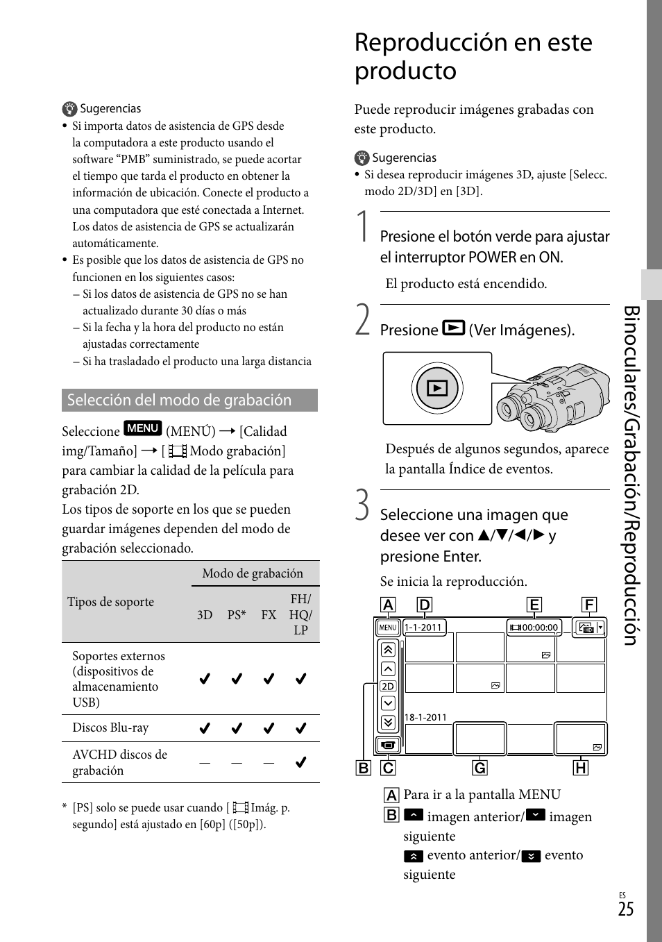 Selección del modo de grabación, Reproducción en este producto, Selección del modo de | Grabación, Binocular es/gr abación/r epr oduc ción | Sony DEV-3 User Manual | Page 245 / 271