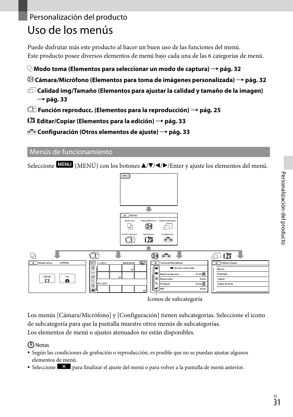 Personalización del producto, Uso de los menús, Menús de funcionamiento | Personalización del, Producto | Sony DEV-3 User Manual | Page 251 / 271