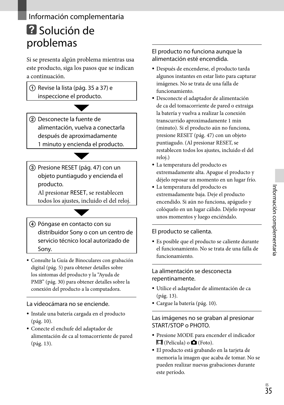 Información complementaria, Solución de problemas, Información | Complementaria | Sony DEV-3 User Manual | Page 255 / 271