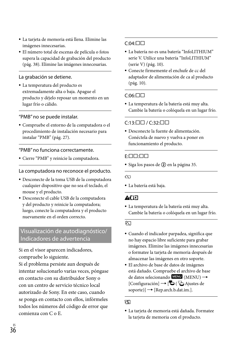 Visualización de autodiagnóstico, Indicadores de advertencia | Sony DEV-3 User Manual | Page 256 / 271