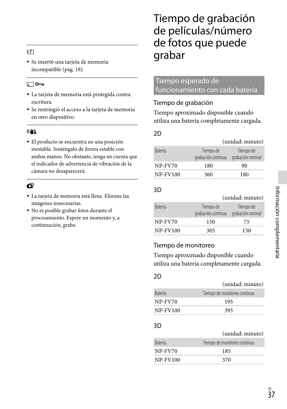Tiempo esperado de funcionamiento con cada batería, Tiempo de grabación de películas, Número de fotos que puede grabar | Tiempo esperado de, Funcionamiento con cada batería, A 37 p | Sony DEV-3 User Manual | Page 257 / 271