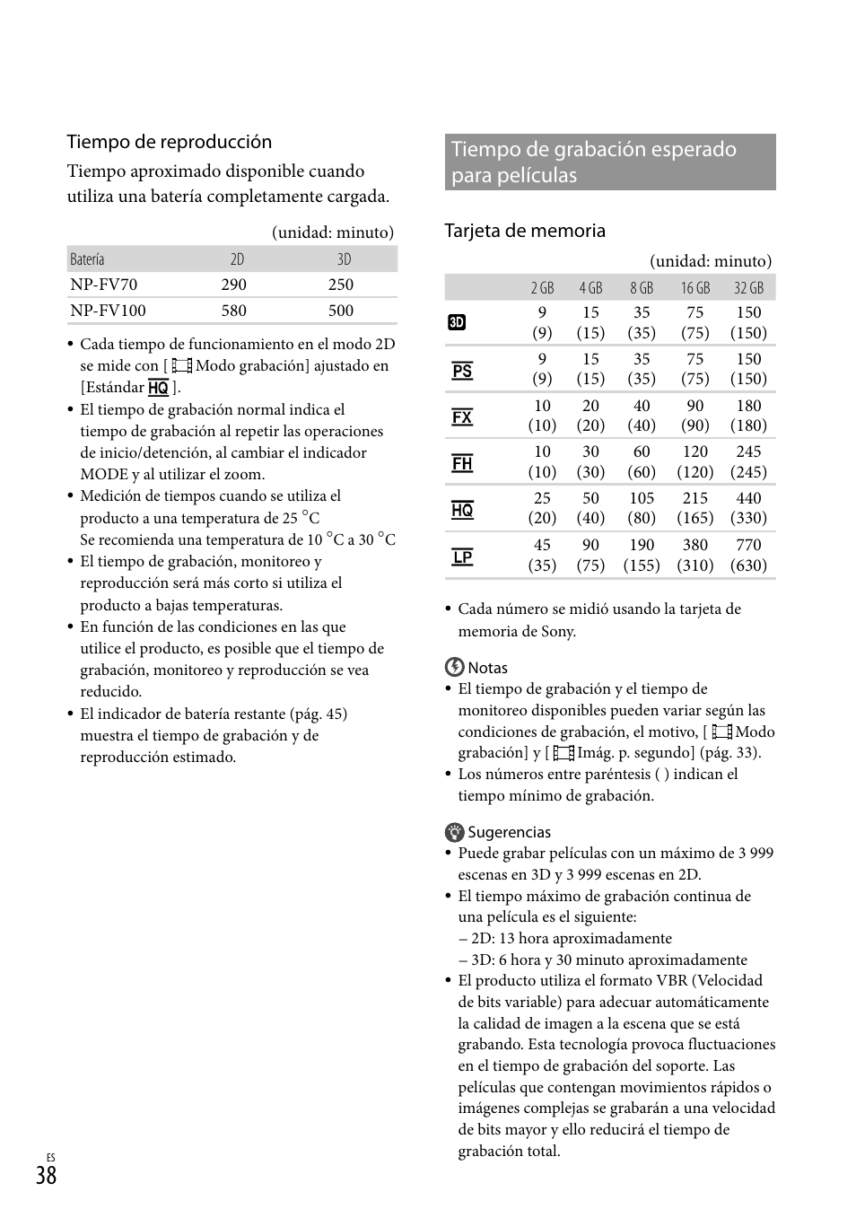 Tiempo de grabación esperado para películas, Tiempo de grabación esperado, Para películas | 38). e, Tiempo de reproducción | Sony DEV-3 User Manual | Page 258 / 271