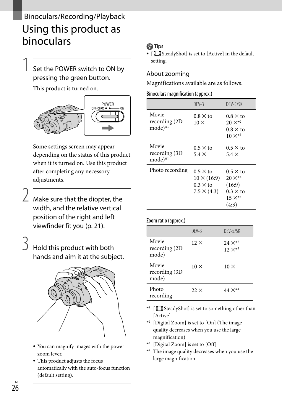 Binoculars/recording/playback, Using this product as binoculars, Binoculars/recording | Playback | Sony DEV-3 User Manual | Page 26 / 271