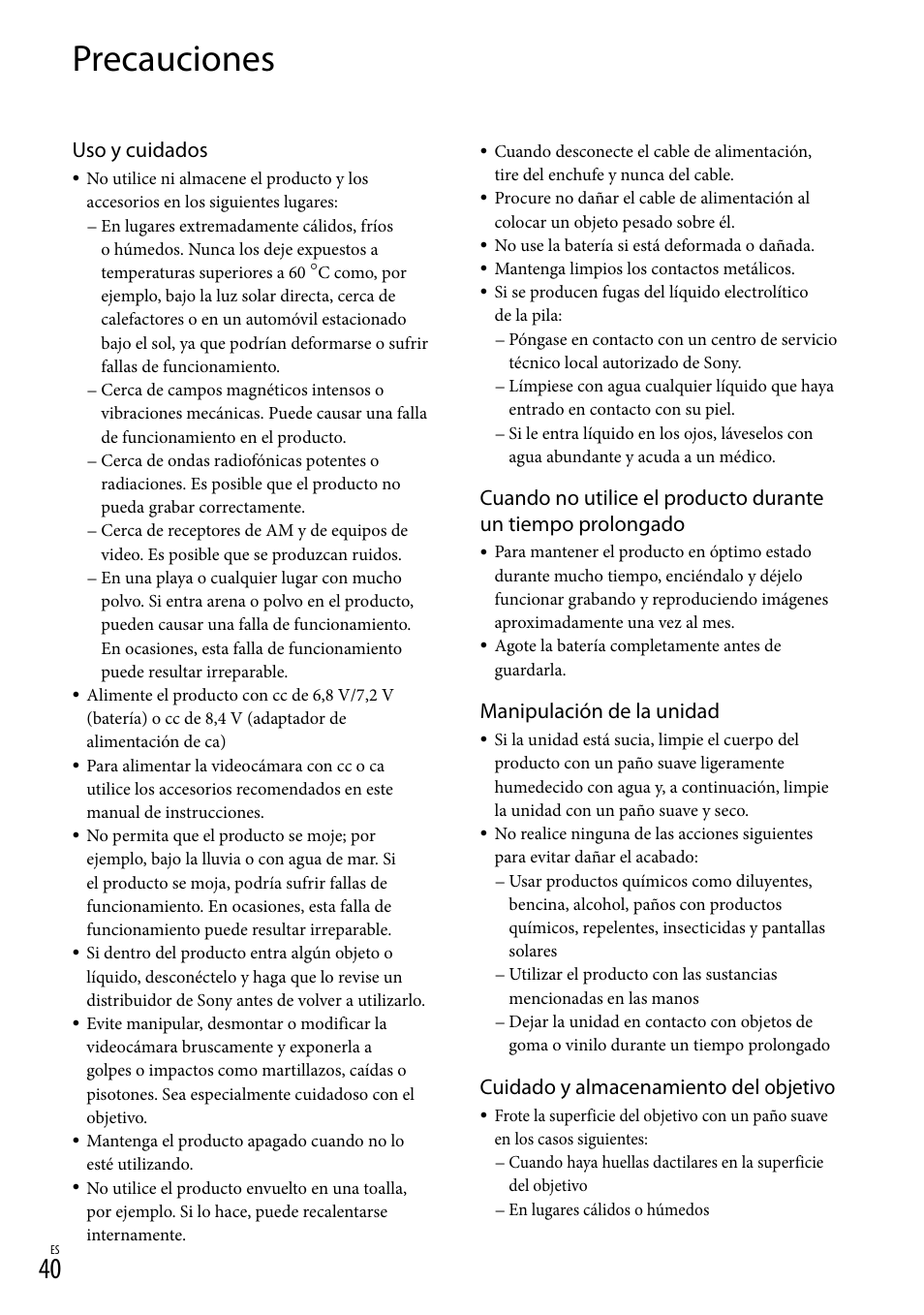 Precauciones, Uso y cuidados, Manipulación de la unidad | Cuidado y almacenamiento del objetivo | Sony DEV-3 User Manual | Page 260 / 271