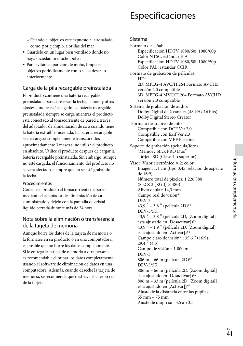 Especificaciones, Carga de la pila recargable preinstalada, Sistema | Sony DEV-3 User Manual | Page 261 / 271