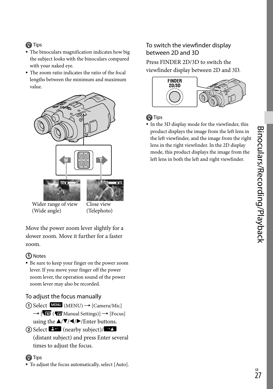 Binoculars/r ec or ding/p la yback | Sony DEV-3 User Manual | Page 27 / 271