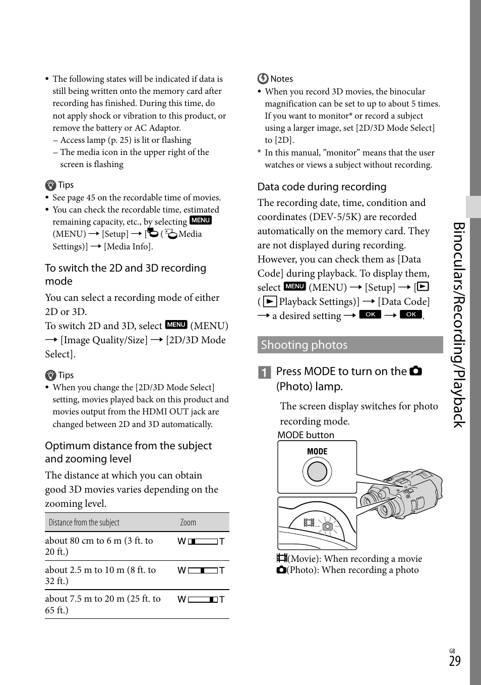 Shooting photos, Binoculars/r ec or ding/p la yback | Sony DEV-3 User Manual | Page 29 / 271