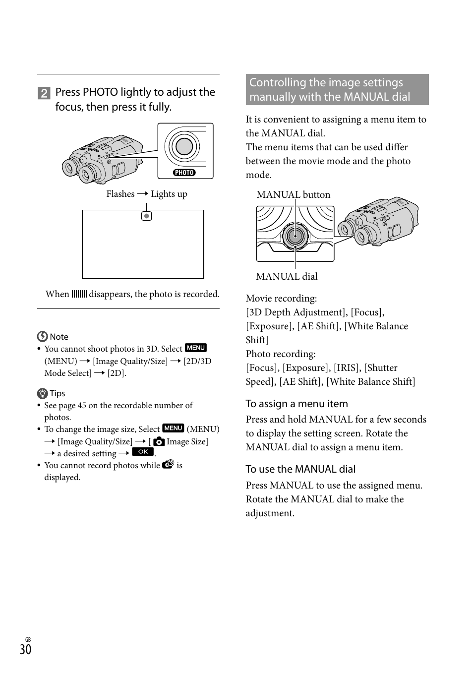 Controlling the image settings, Manually with the manual dial | Sony DEV-3 User Manual | Page 30 / 271