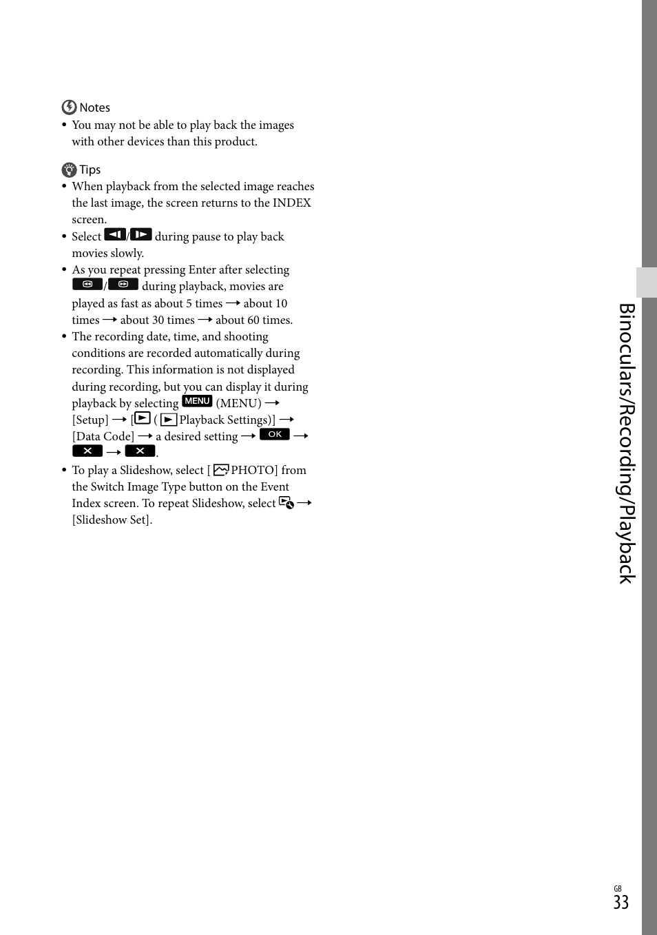 Binoculars/r ec or ding/p la yback | Sony DEV-3 User Manual | Page 33 / 271