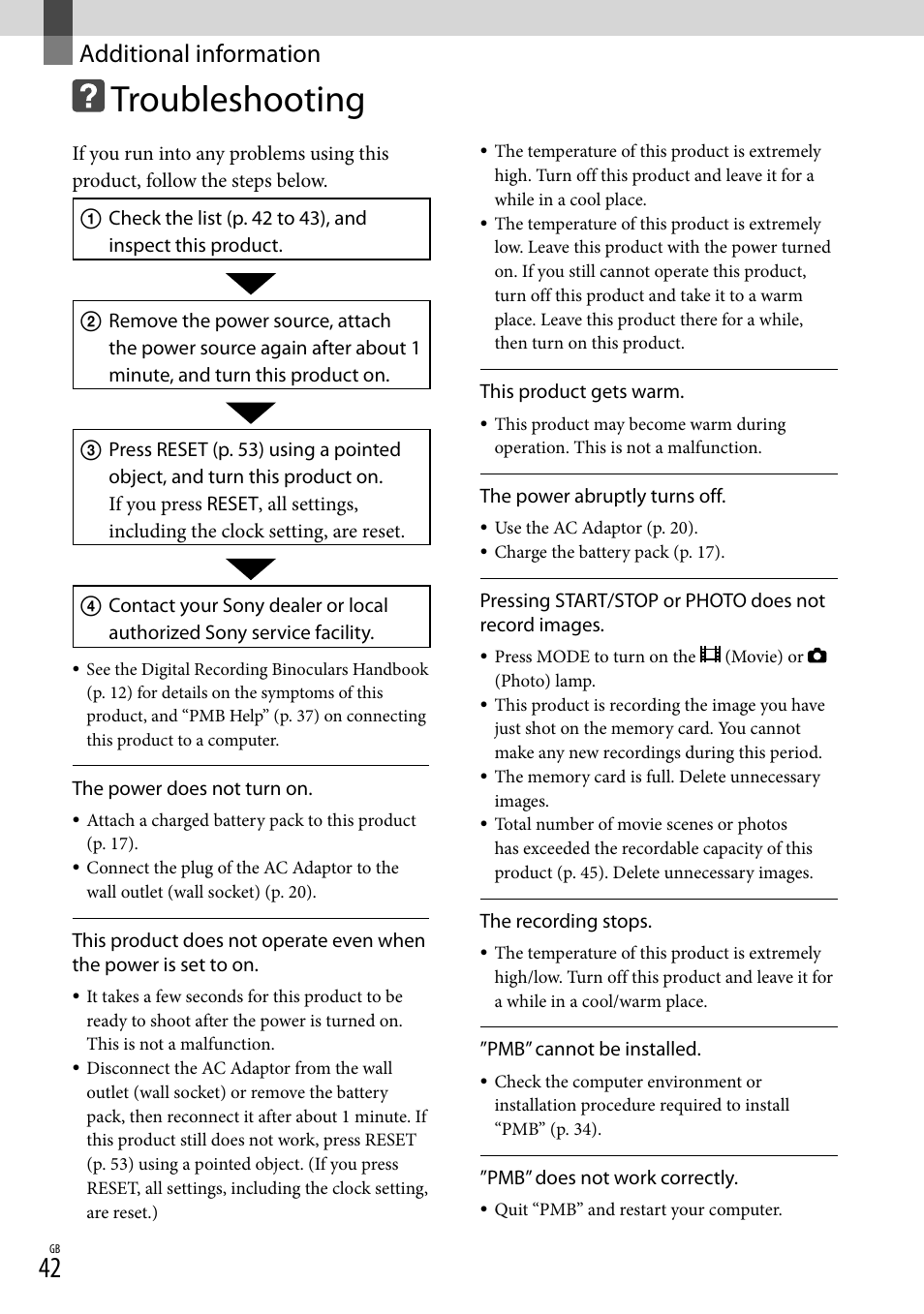 Additional information, Troubleshooting | Sony DEV-3 User Manual | Page 42 / 271