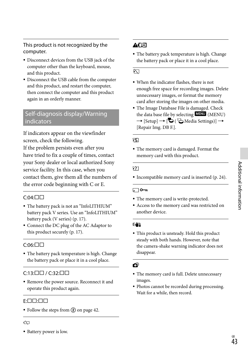 Self-diagnosis display/warning indicators, Self-diagnosis display/warning, Indicators | O 43), and | Sony DEV-3 User Manual | Page 43 / 271