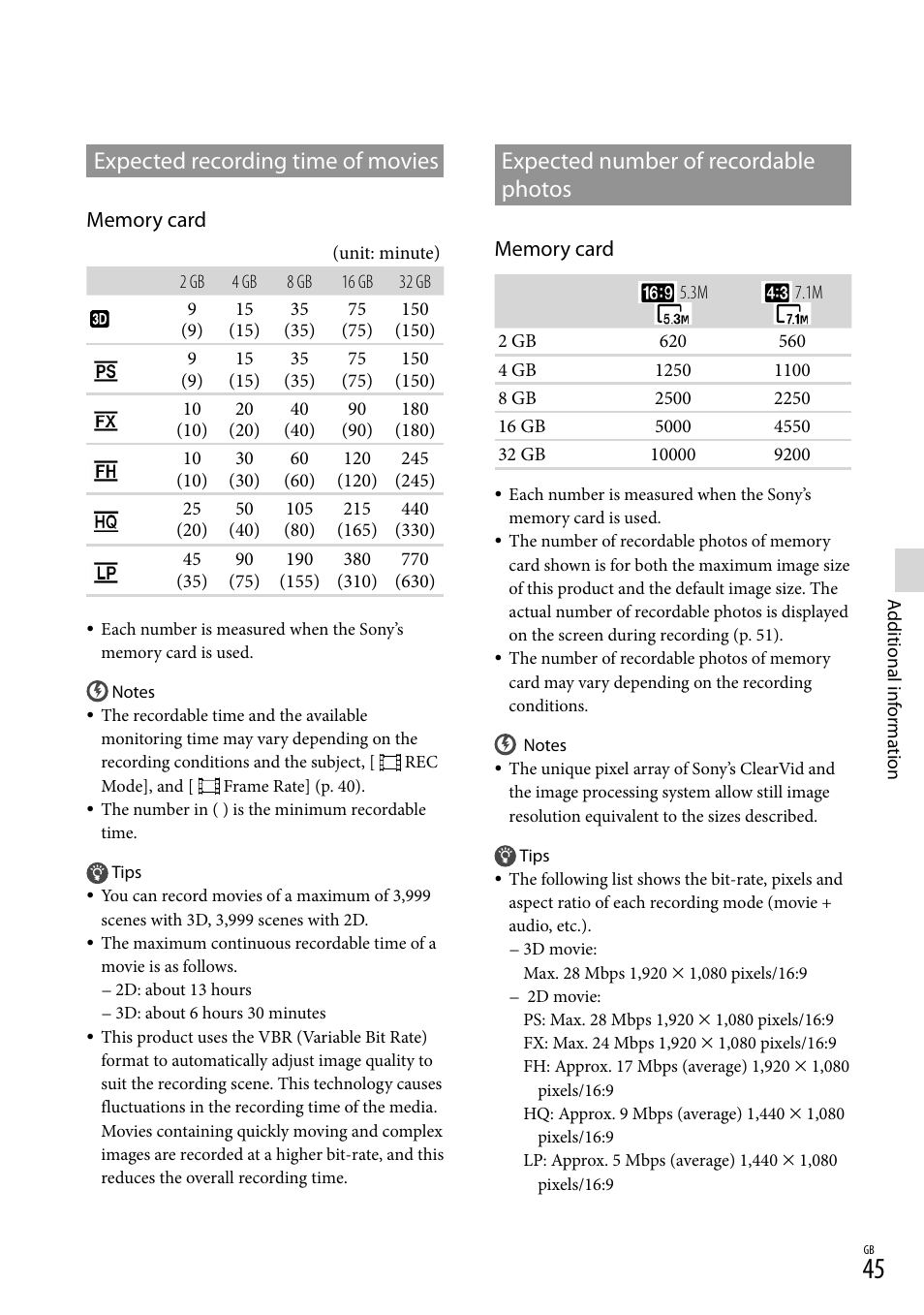 Expected recording time of movies, Expected number of recordable photos, Expected recording time of | Movies expected number of recordable, Photos, 45). d | Sony DEV-3 User Manual | Page 45 / 271