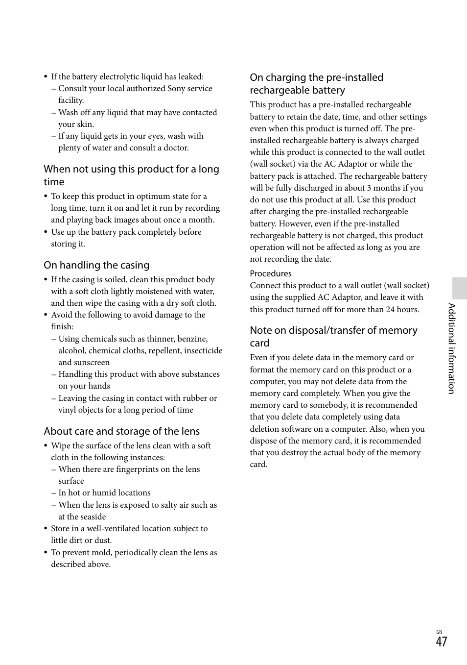 On charging the pre-installed rechargeable battery, When not using this product for a long time, On handling the casing | About care and storage of the lens | Sony DEV-3 User Manual | Page 47 / 271