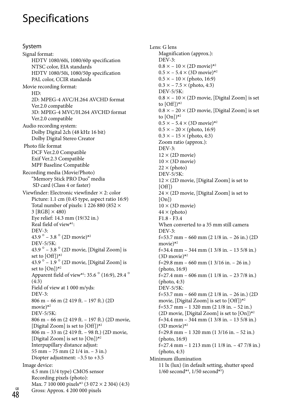 Specifications, System | Sony DEV-3 User Manual | Page 48 / 271