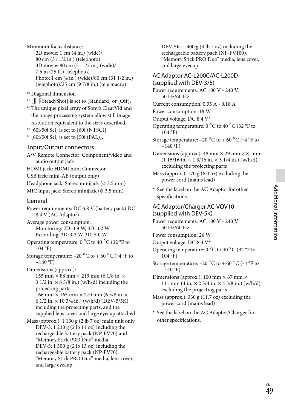 Input/output connectors, General, Ac adaptor/charger ac-vqv10 (supplied with dev-5k) | Sony DEV-3 User Manual | Page 49 / 271