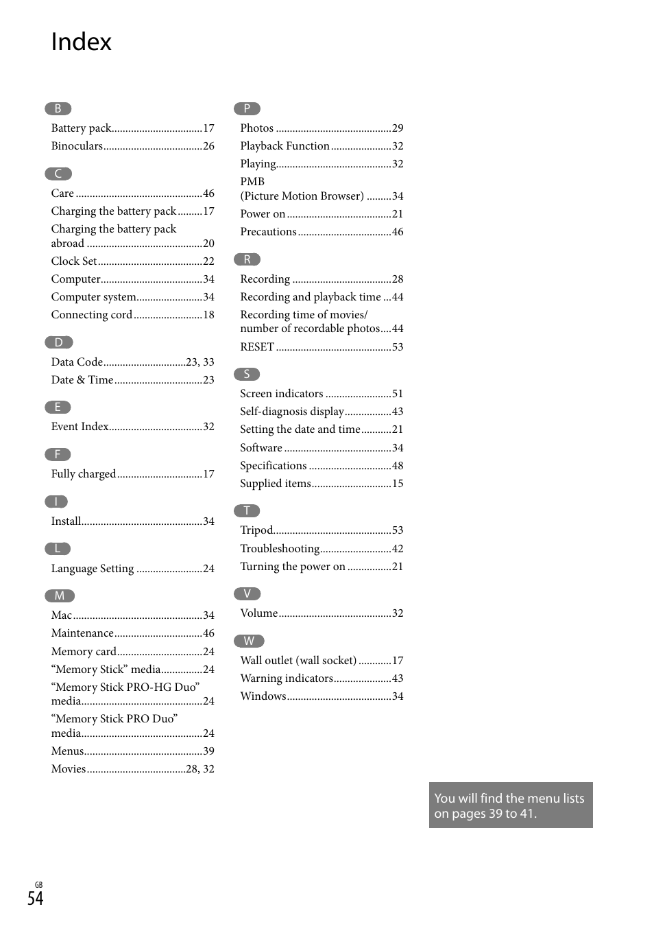 Index | Sony DEV-3 User Manual | Page 54 / 271