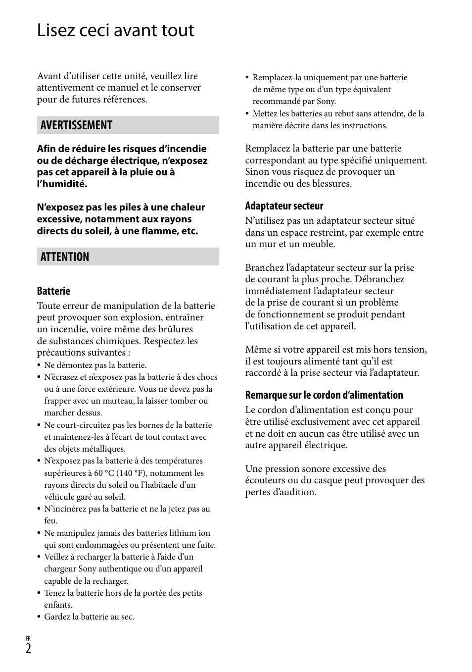 Lisez ceci avant tout, Avertissement, Attention | Batterie, Adaptateur secteur, Remarque sur le cordon d’alimentation | Sony DEV-3 User Manual | Page 56 / 271