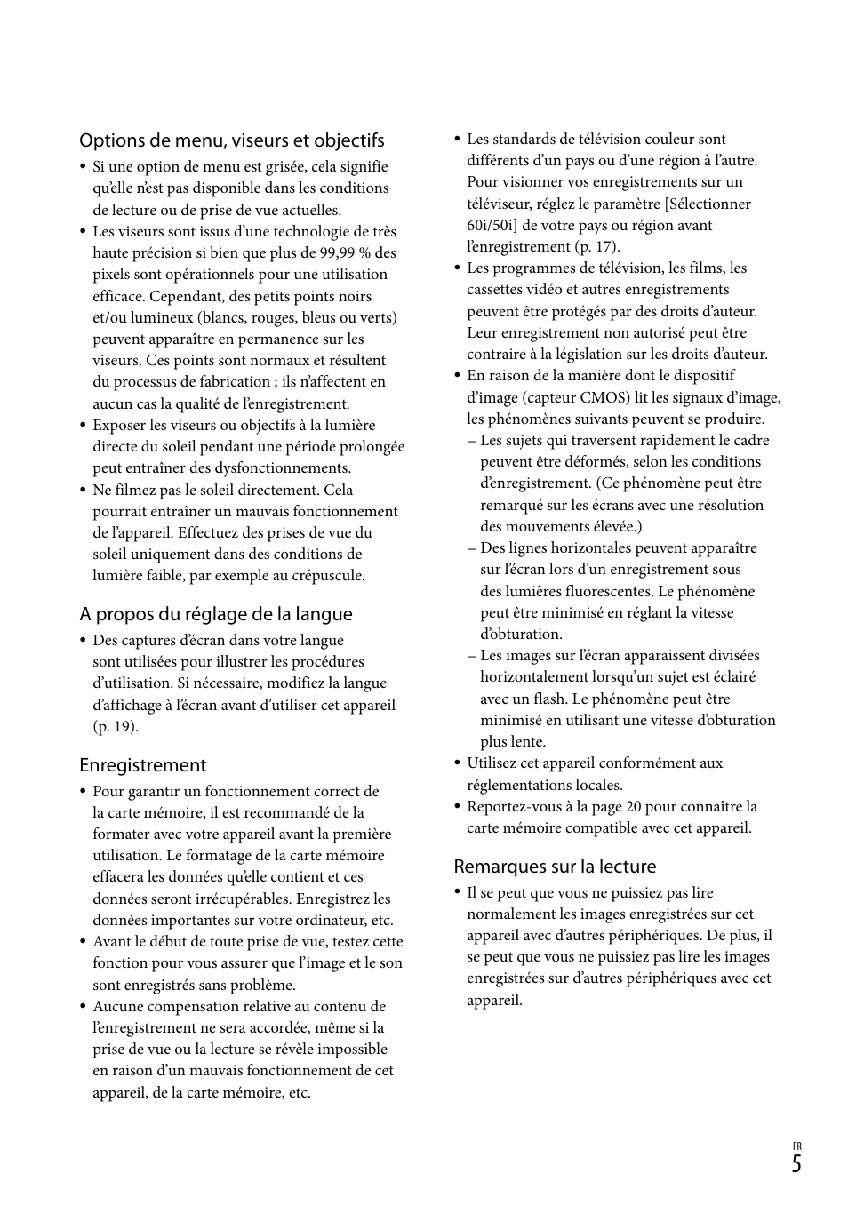 Options de menu, viseurs et objectifs, A propos du réglage de la langue, Enregistrement | Remarques sur la lecture | Sony DEV-3 User Manual | Page 59 / 271