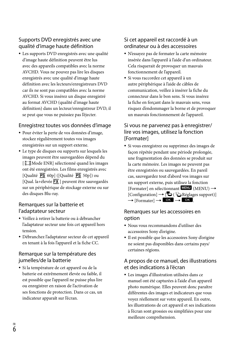 Enregistrez toutes vos données d’image, Remarques sur la batterie et l’adaptateur secteur, Remarques sur les accessoires en option | Sony DEV-3 User Manual | Page 60 / 271