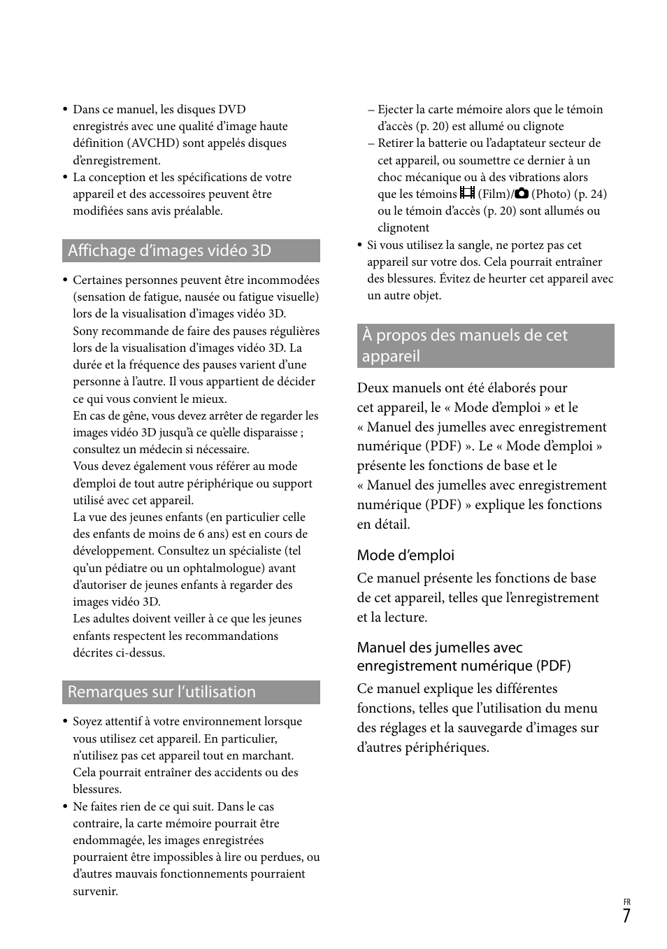 Affichage d’images vidéo 3d, Remarques sur l’utilisation, À propos des manuels de cet appareil | Mode d’emploi | Sony DEV-3 User Manual | Page 61 / 271