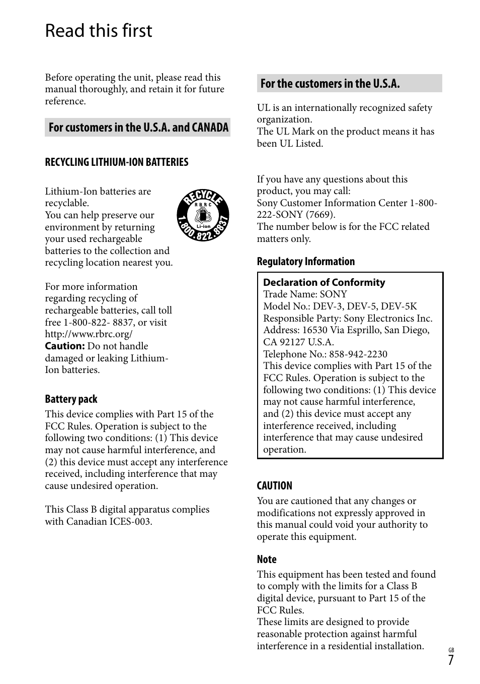 Read this first, For customers in the u.s.a. and canada, For the customers in the u.s.a | Sony DEV-3 User Manual | Page 7 / 271