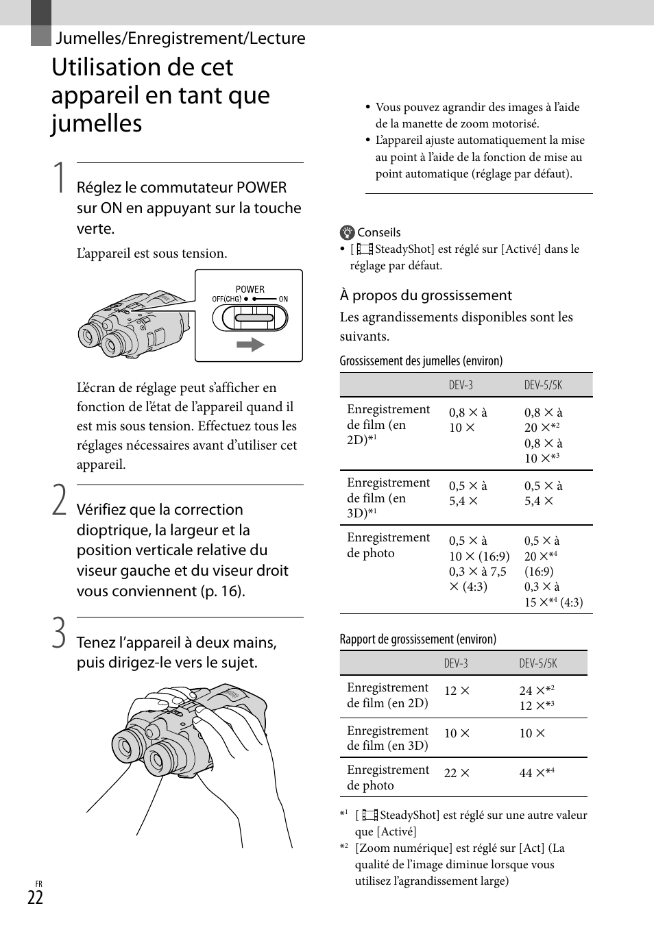 Jumelles/enregistrement/lecture, Utilisation de cet appareil en tant que jumelles, Jumelles/enregistrement | Lecture, Utilisation de cet appareil en tant que, Jumelles | Sony DEV-3 User Manual | Page 76 / 271