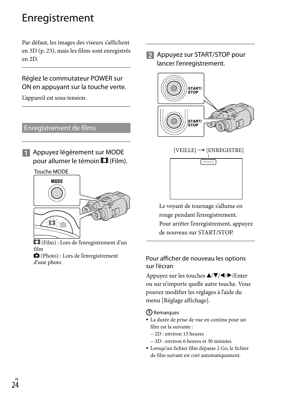 Enregistrement, Enregistrement de films, 24) et le | Sony DEV-3 User Manual | Page 78 / 271
