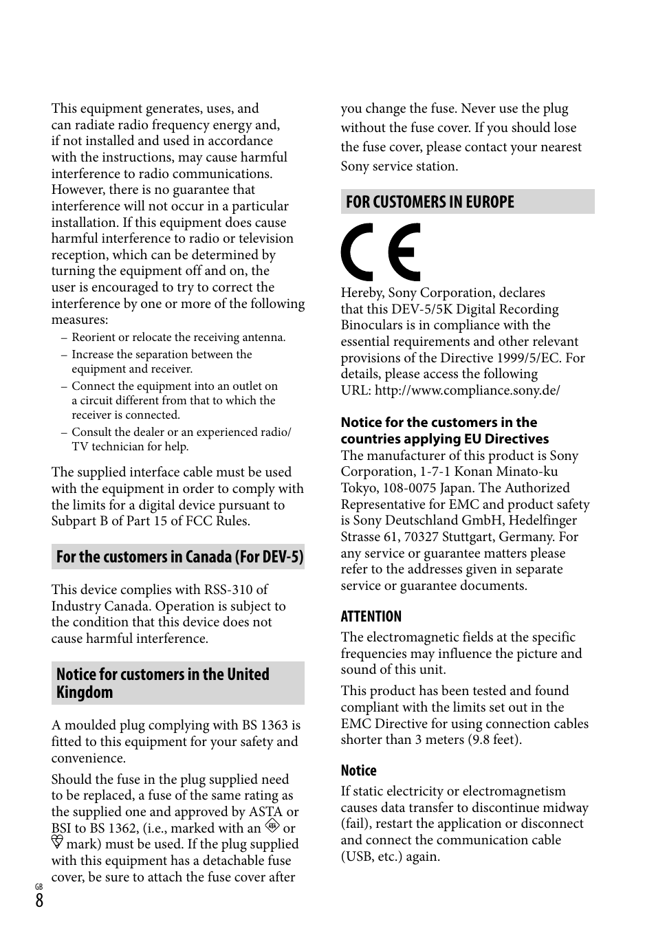 For the customers in canada (for dev-5), Notice for customers in the united kingdom, For customers in europe | Sony DEV-3 User Manual | Page 8 / 271